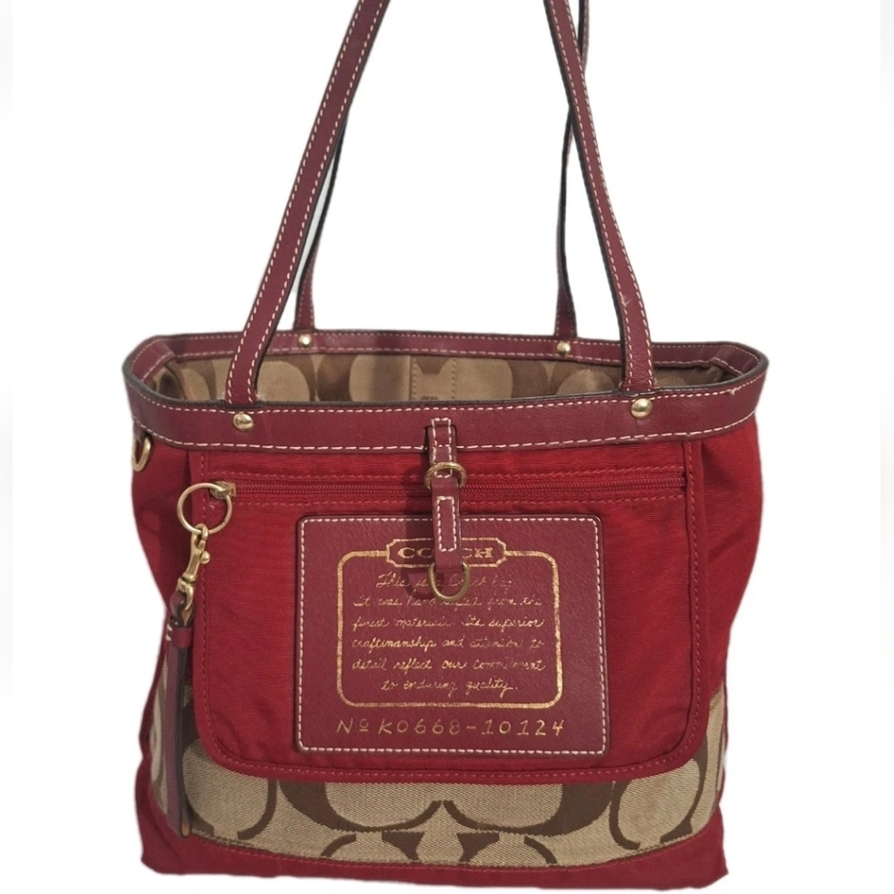 Coach Vintage Y2K Signature Brown Red Canvas Leather Reversible Tote Small GUC
